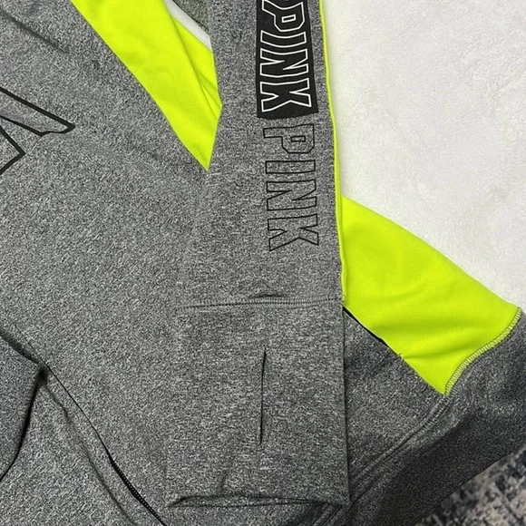 PINK Victoria Secret S Ultimate Hoodie Gray Neon Thumb Hole Pocket - Picture 3 of 4